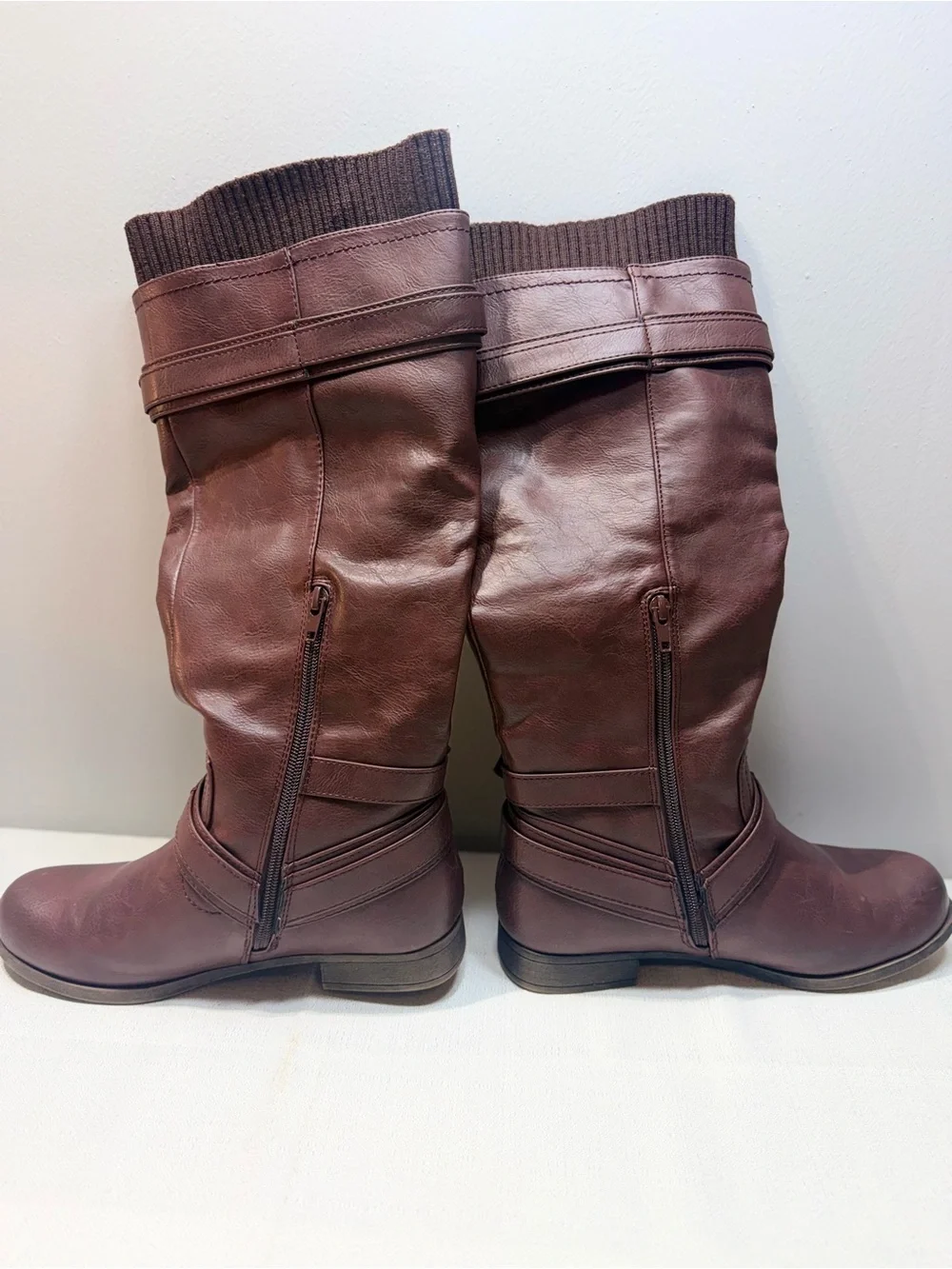 JustFab Wine-Red Tall Riding Boots with Knit Cuff & Buckle Details